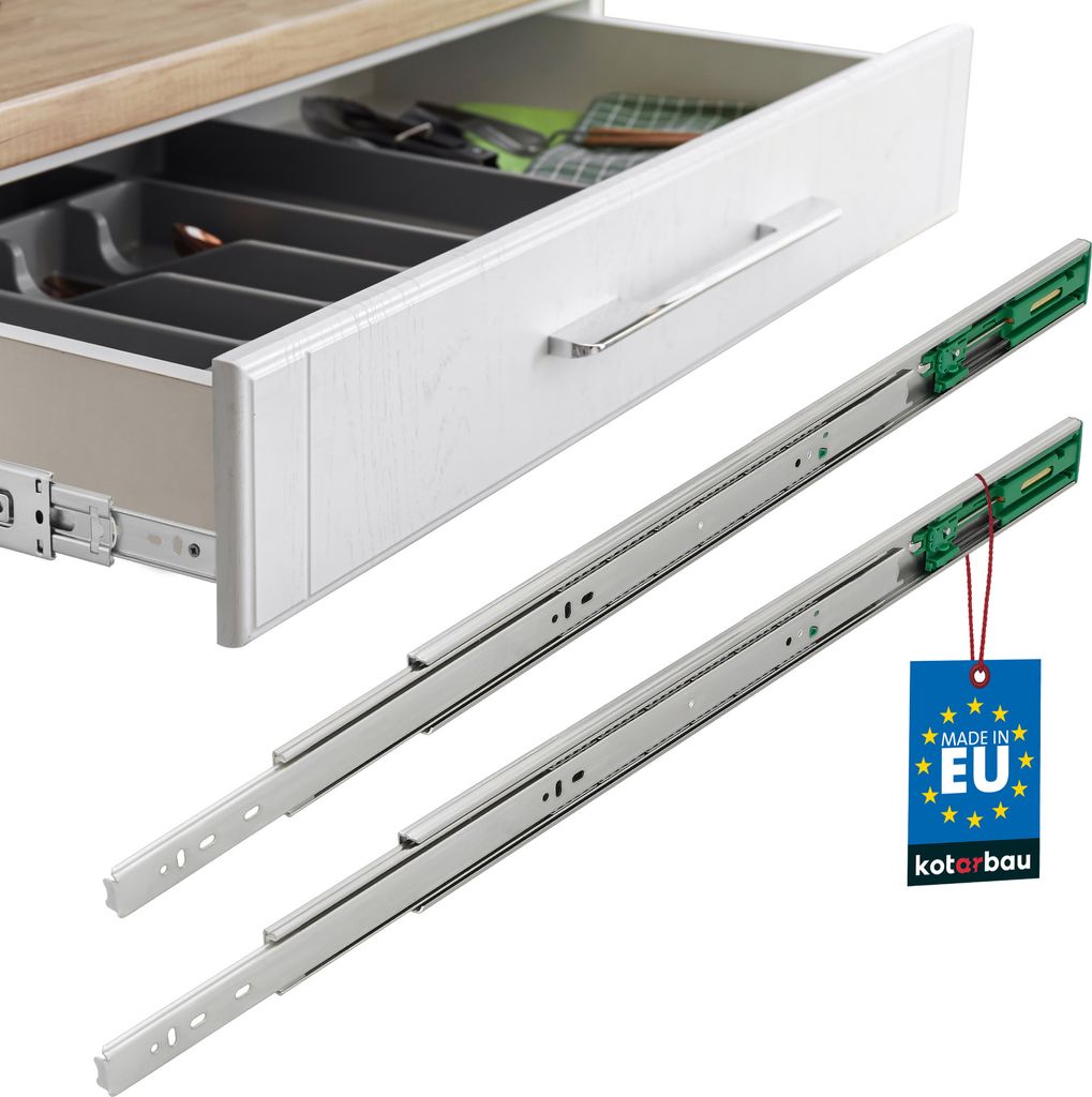 A partially open drawer with cutlery inside, and two sets of drawer slides displayed in front of it.