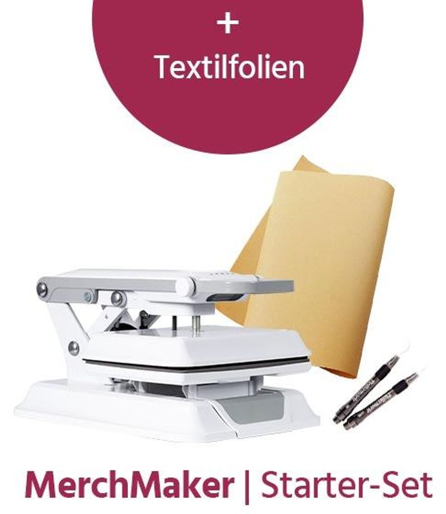 Plottermarie Transferpresse MerchMaker DinA4 Starter Set inkl. Textilfolien & Zubehör – Transferpresse, T-Shirts, Flexfolie, Flockfolie, DTF