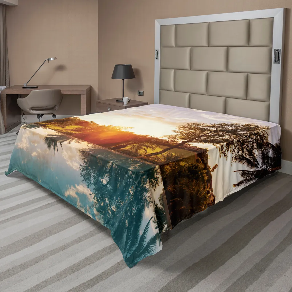 ABAKUHAUS Lenzuolo hawaiano, Casa con piscina al tramonto Tropics Palms Private Villa Resort, morbido e confortevole lenzuolo superiore per un letto decorativo 1 pezzo 275 cm x 260 cm, arancione verde acqua