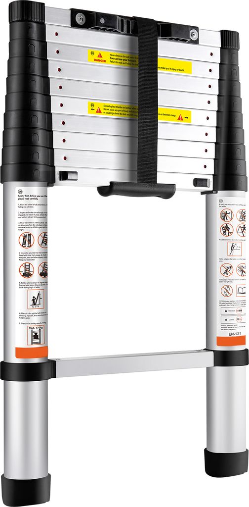 SucceBuy 10,5 Fuß Teleskopleiter, zusammenklappbare Ausziehleiter aus Aluminium mit Ein-Knopf-Einzug, 375 Pfund Tragkraft, rutschfeste Füße, tra...