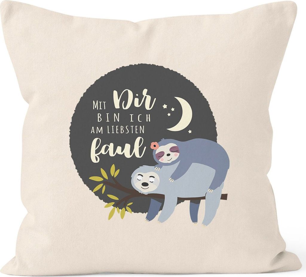 Kissen-Bezug Faultier Mit Dir bin ich am liebsten faul Spruch Pärchen Geschenk Mond Kissen-Hülle Deko-Kissen Baumwolle MoonWorks natur unisize