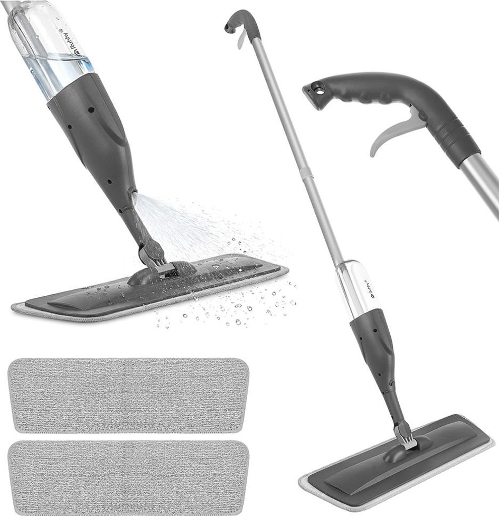 RUHHY Flachmopp mit Sprühfunktion – 300 ml Wassertank, 360° Drehkopf, 3 waschbare Pads, Zusammenklappbar, Edelstahl/PP, Weiß/Grau, Bodenwische...