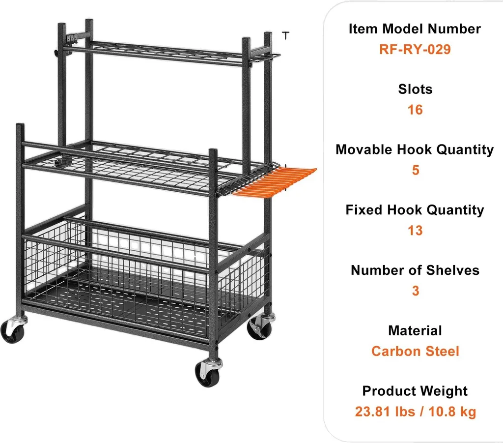 Organisateur d'outils de jardin 16 slots en acier carbone à 3 étagères