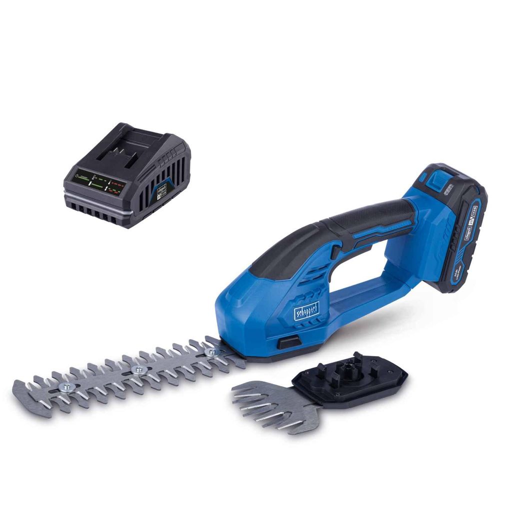 A cordless grass and shrub shear with its battery and charger, displayed on a white background.