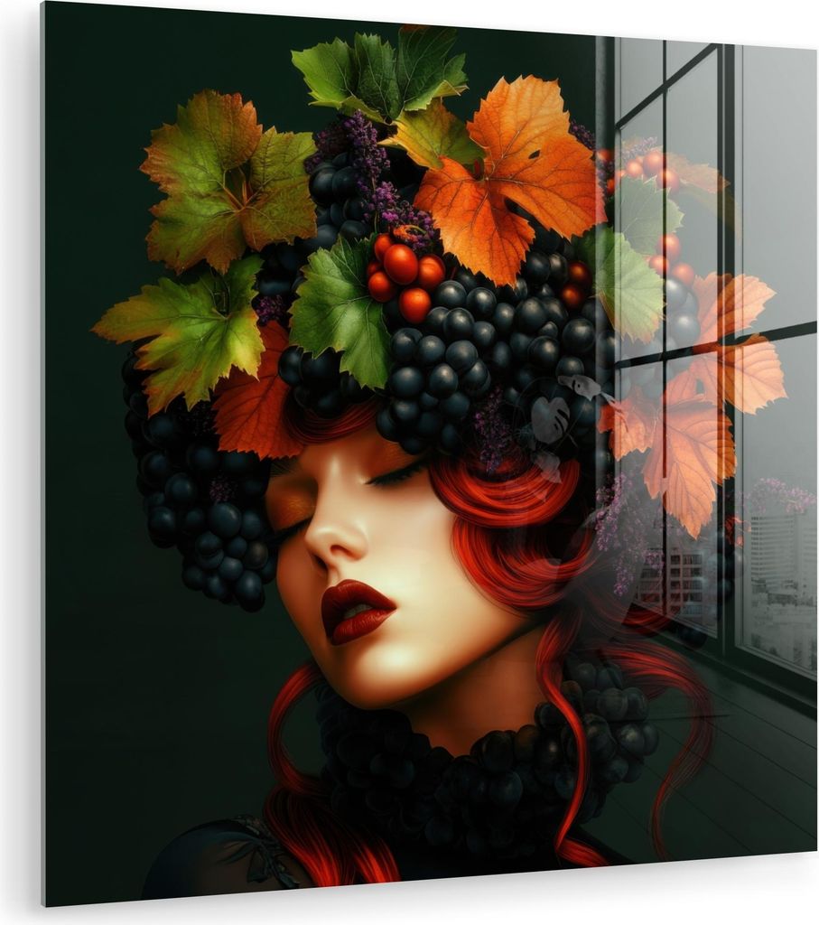 MuchoWow Glasbilder - Bilder auf Wandbild - Foto auf Glas Frau - Rot - Grün - Weintrauben 30x30 cm Wanddekoration aus Glas - Acrylglasbild - Acryl...