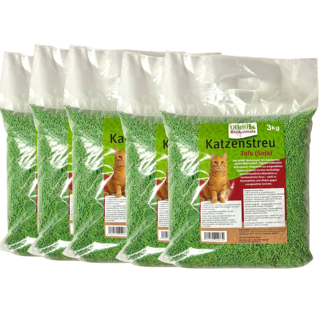 Tofu Katzenstreu 15 kg (5 Säcke je 3 kg), 40L – 100 % Produktbild 
