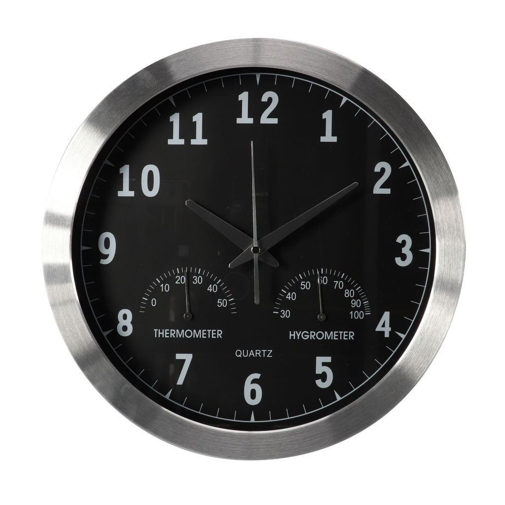 Perel Analoge Wanduhr 35,5 cm mit DCF-Zeitsynchronisation, Thermometer und Hygrometer, gut