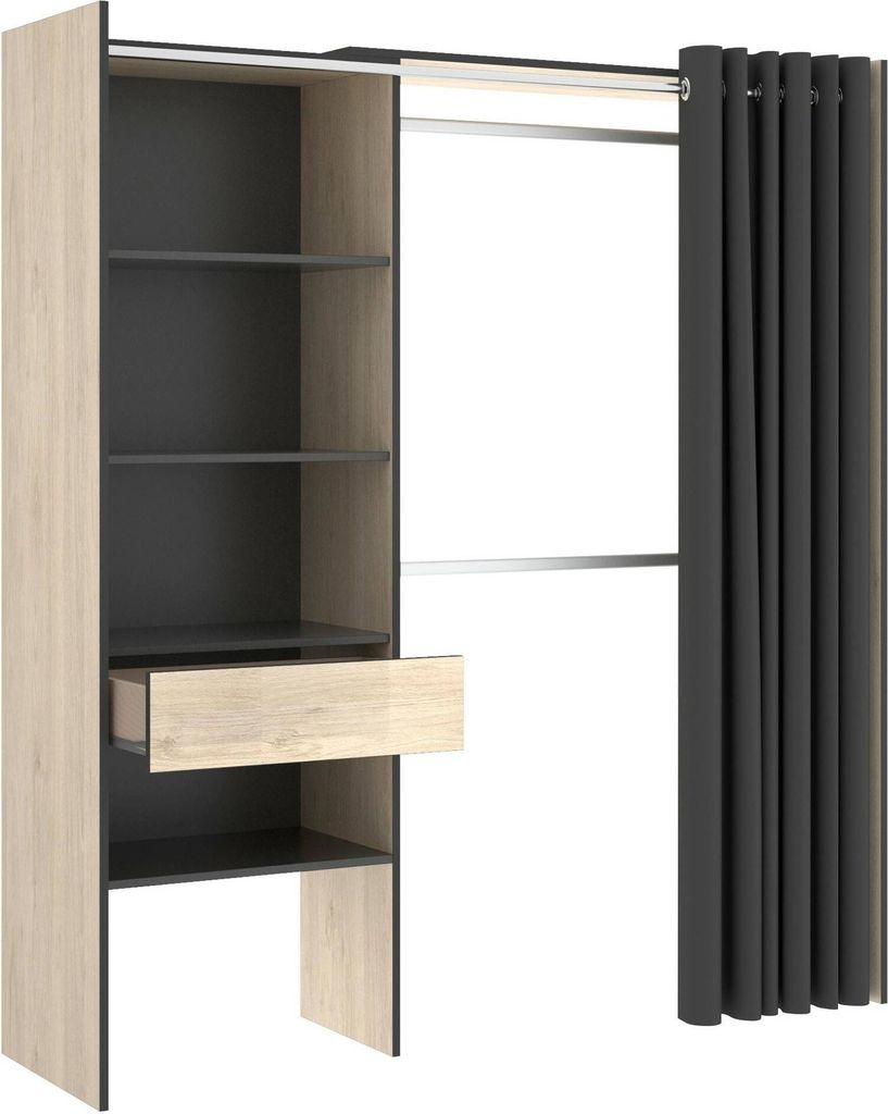 Kleiderschrank Dober, Rahmen für begehbaren Kleiderschrank mit Vorhang, offene Garderobe, 160 x 50 x 205 cm, Eiche und Anthrazit