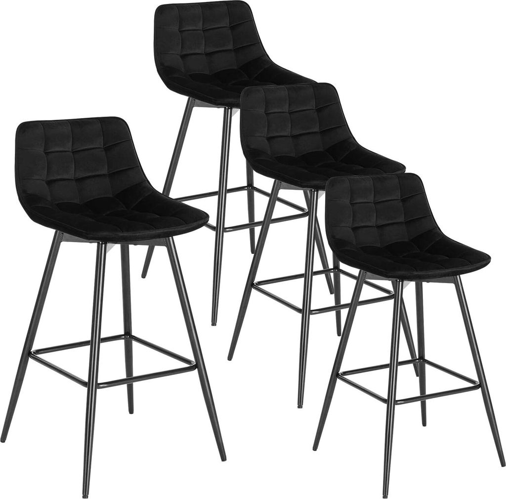 Four black bar stools are arranged in a staggered formation against a white background.