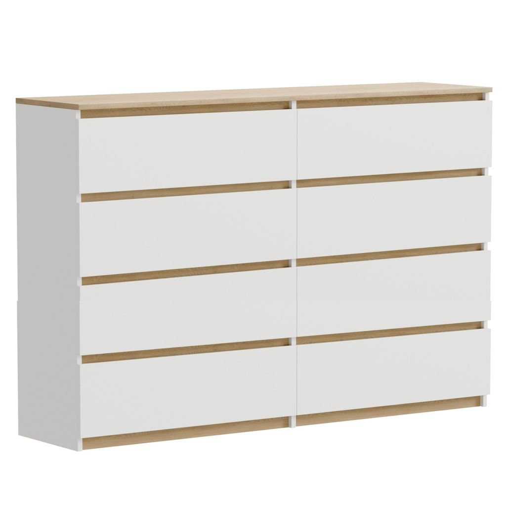 Kommode Weiß Eiche Torro 8 Schubladen matt 140x34x100 cm extra groß modern Schlafzimmer Büro