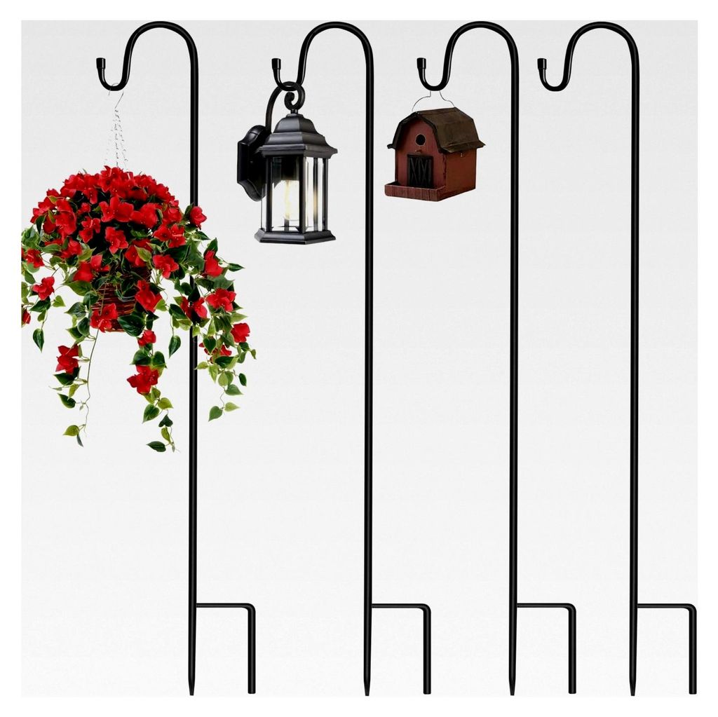 4 Stück Garten Schäferhaken 90 cm Metall mit Halterung für Vogelkäfige, Solarleuchten, Laternen, Hochzeiten und Pflanzkörbe