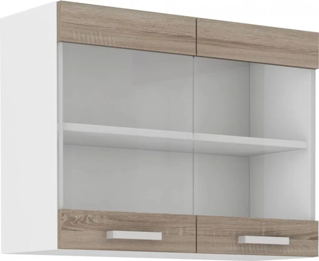 Meuble haut vitré DAGA 80 cm, Solution Rangement Cuisine Chêne/Blanc