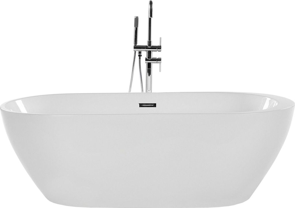 A white freestanding bathtub with a chrome faucet.