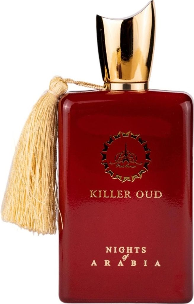 A red perfume bottle with a gold cap and a gold tassel.