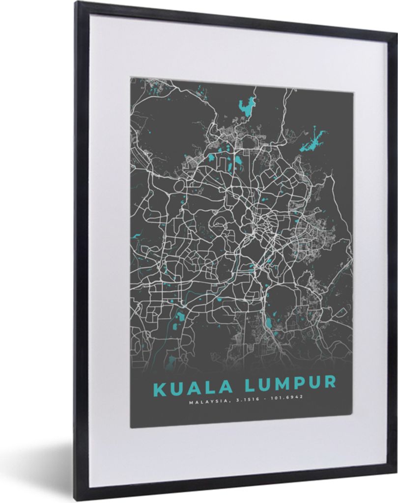 MuchoWow Gerahmtes Poster Kuala Lumpur - Stadtplan - Karte - Blau 30x40 cm - Poster mit Schwarzem Bilderrahmen Wandposter Rahmen Foto Bilder - Wa...