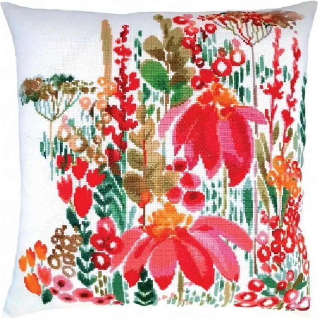 Coussin à broder point de croix RTO motif floral aquarelle 40x40 cm coton