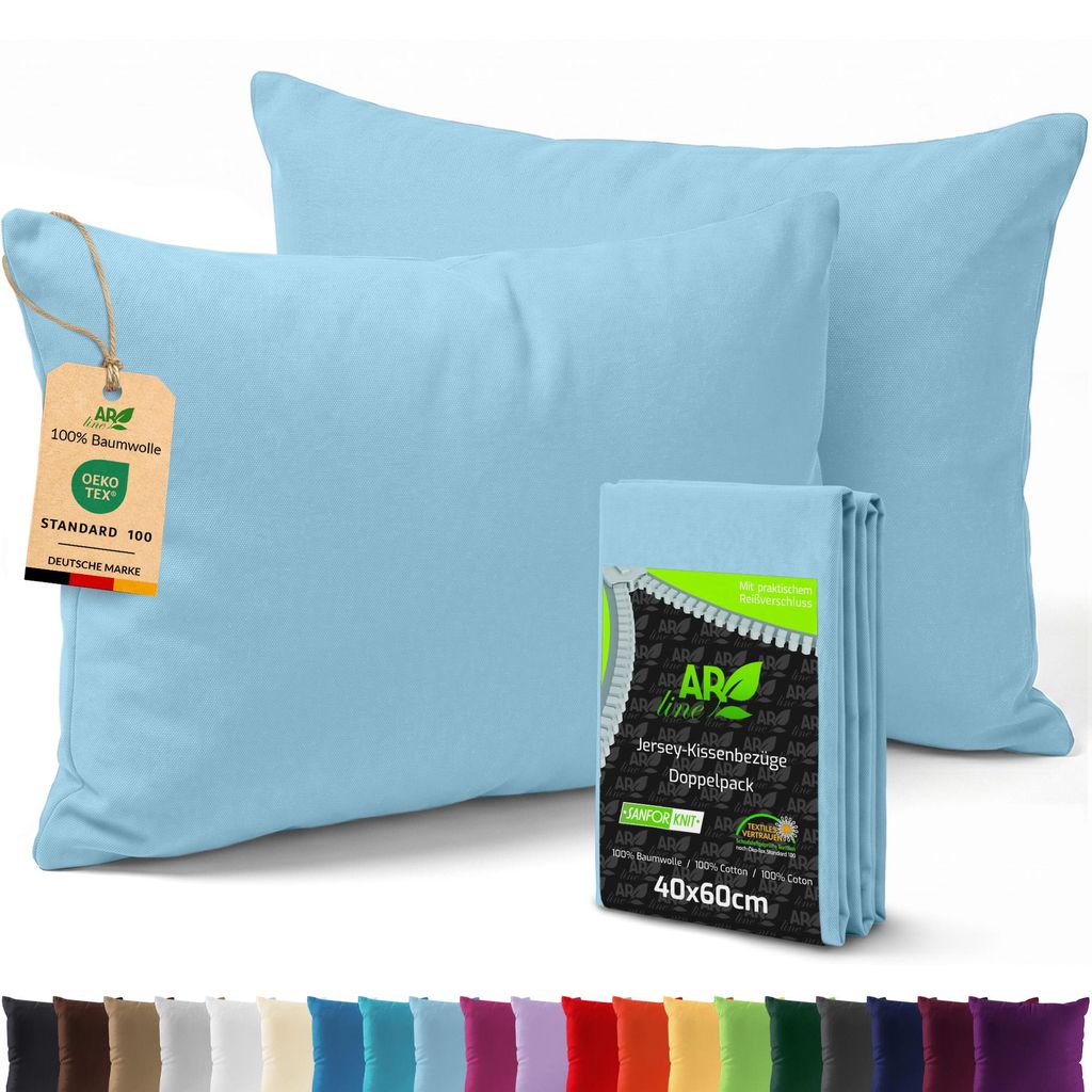 AR Line 2er Pack Jersey Kissenbezüge 40x60 Baumwolle – weich, elastisch, Kissenhüllen mit Reißverschluss, in Farbe: Hellblau