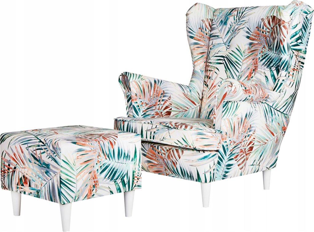 Family Meble Ohrensessel mit Hocker Print Relaxsessel Skandinavisch Bequemer Sessel Loungesessel Fernsehsessel Wohnzimmer Schlafzimmer Büro (M 115)