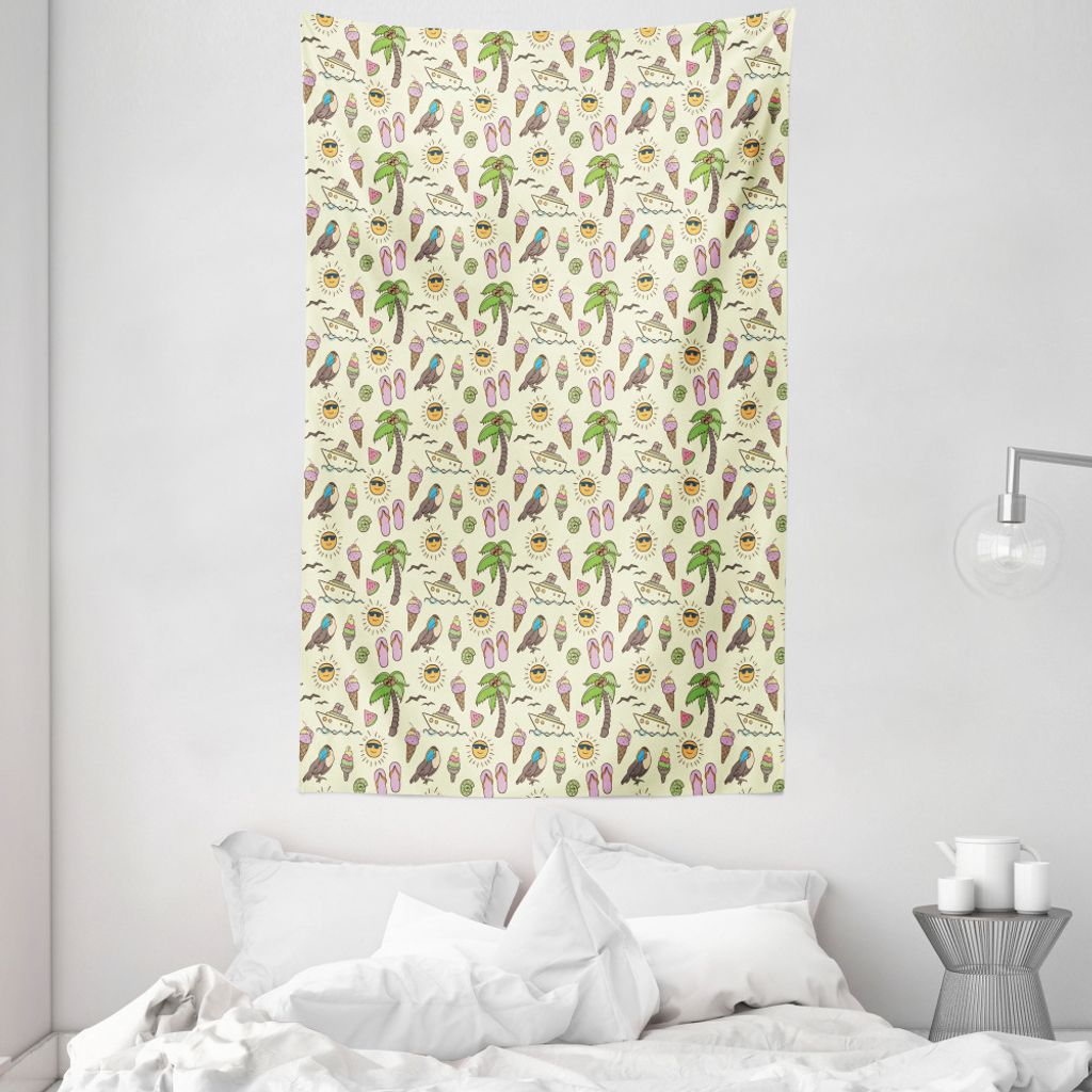 ABAKUHAUS Flip Flops Wandteppich und Tagesdecke, Ice Cream und Toucan aus Weiches Mikrofaser Stoff Waschbar ohne Verblassen Digitaldruck, 140 x 230...