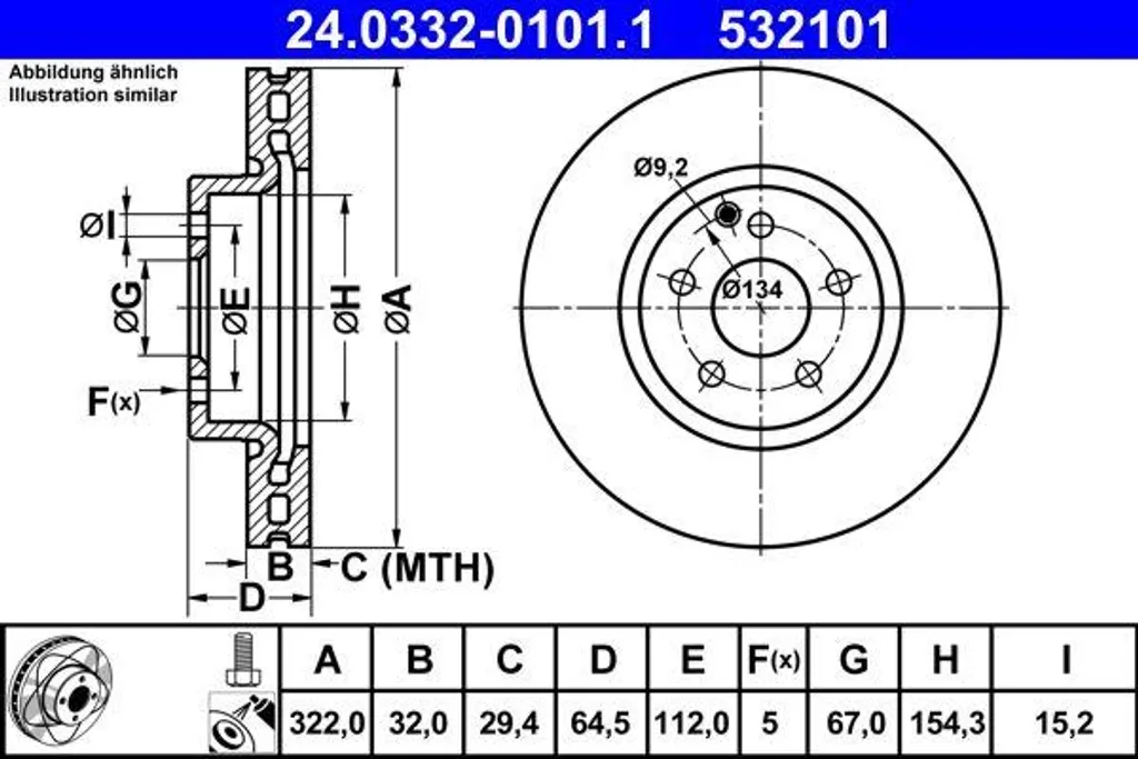 Disque de frein ATE 24.0332-0101.1 en fonte haute teneur en carbone