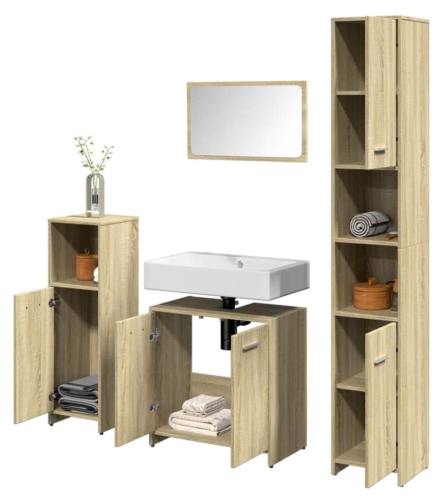 4-teiliges Badmöbel-Set mit Spiegel, Unterschrank, mittlerem Schrank und Hochschrank in Sonoma-Eiche