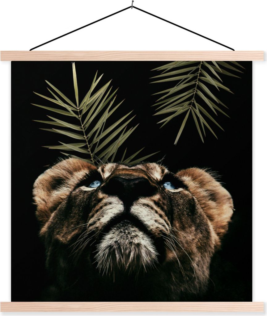 MuchoWow Textilposter Tiger - Farn - Schwarz 120x120 cm mit holzfarbenen Rahmen - Textil-Poster