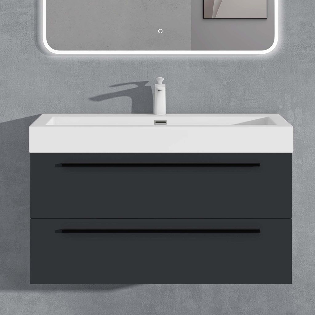 doporro Badmöbelset Waschbeckenunterschrank 100cm, Unterschrank in Eisenasche mit Mineralguss-Waschbecken Quadratto