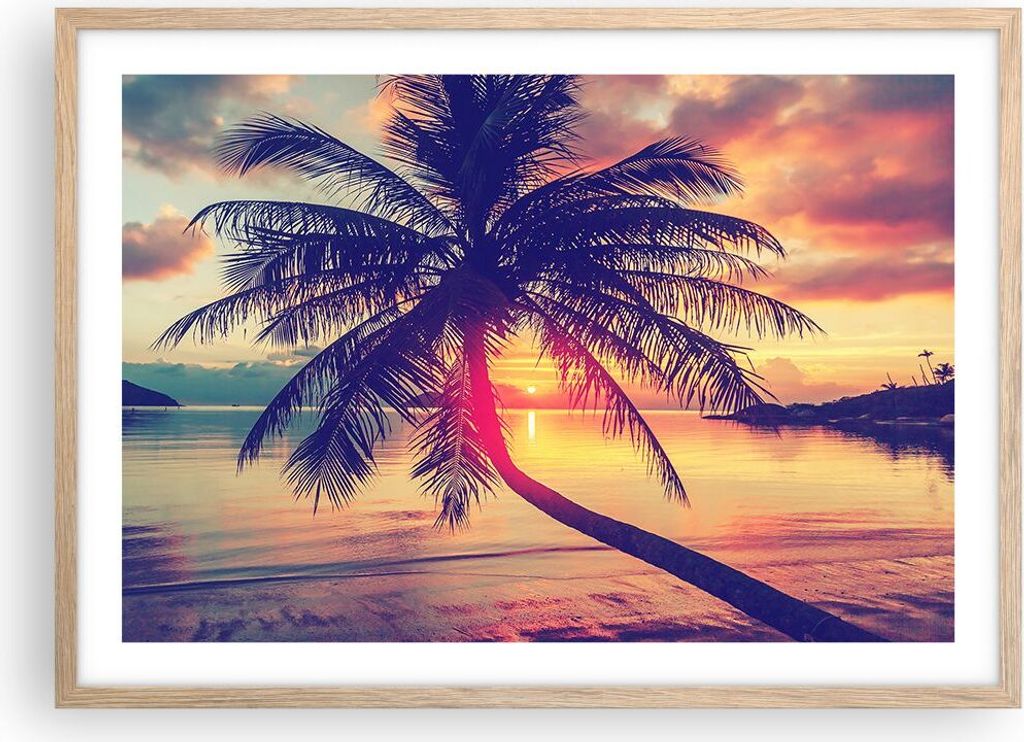 Gerahmtes Poster - Rahmen in heller Eiche - Meer Strand Palme - 70x50 cm - Wand Bild - Wanddeko - Wandbilder - Wandposter - Bilderrahmen - Bilder -...