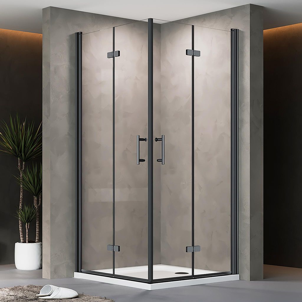Falttür Duschkabine 100x100x195cm Eckeinstieg Duschabtrennung Doppelt Falttüren Eckdusche Faltbar Duschwand Schwarz Faltdusche aus ESG-NANO GLAS
