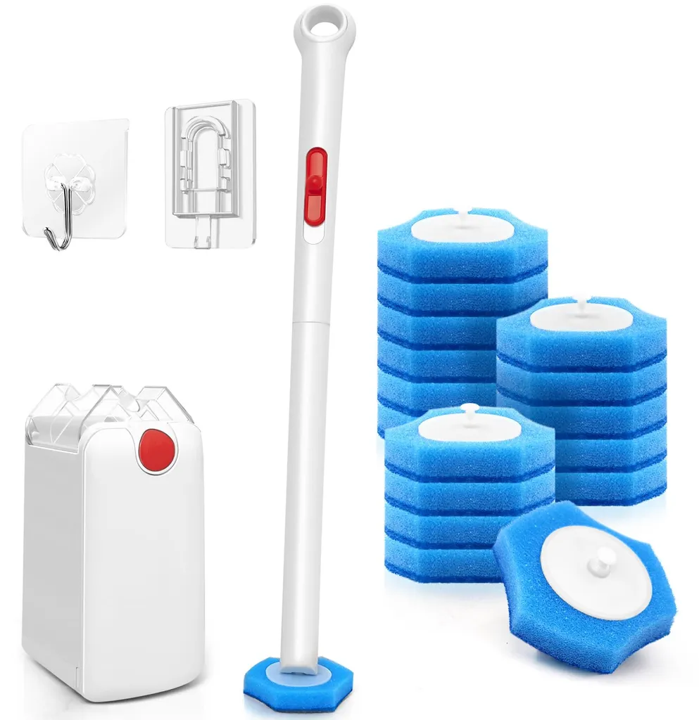 Kit brosse WC jetable avec 16 têtes éponges pour un nettoyage complet