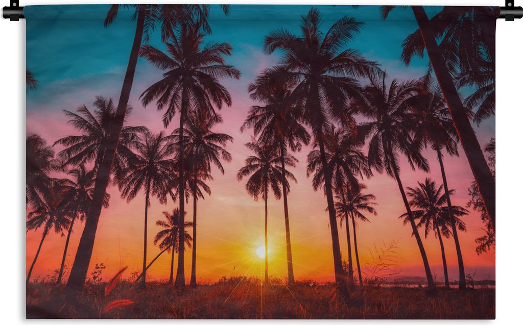 MuchoWow Wandteppich Wandbehang Palme - Sonnenuntergang - Horizont - Strand - Orange - Rosa 90x60 cm Tapisserie Dekoration Wandtuch - Wandskulptu...