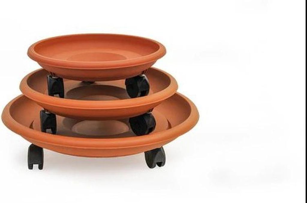 3er Set Blumentöpfe mit Rollen, terracotta, Untersetzer, Produktbild 