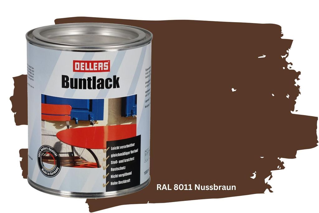 Buntlack - 1 L, RAL 8011 Nussbraun – Glänzender Decklack für Metall & Holz, wetterfester Metallschutzlack, robuste Lackfarbe außen & innen