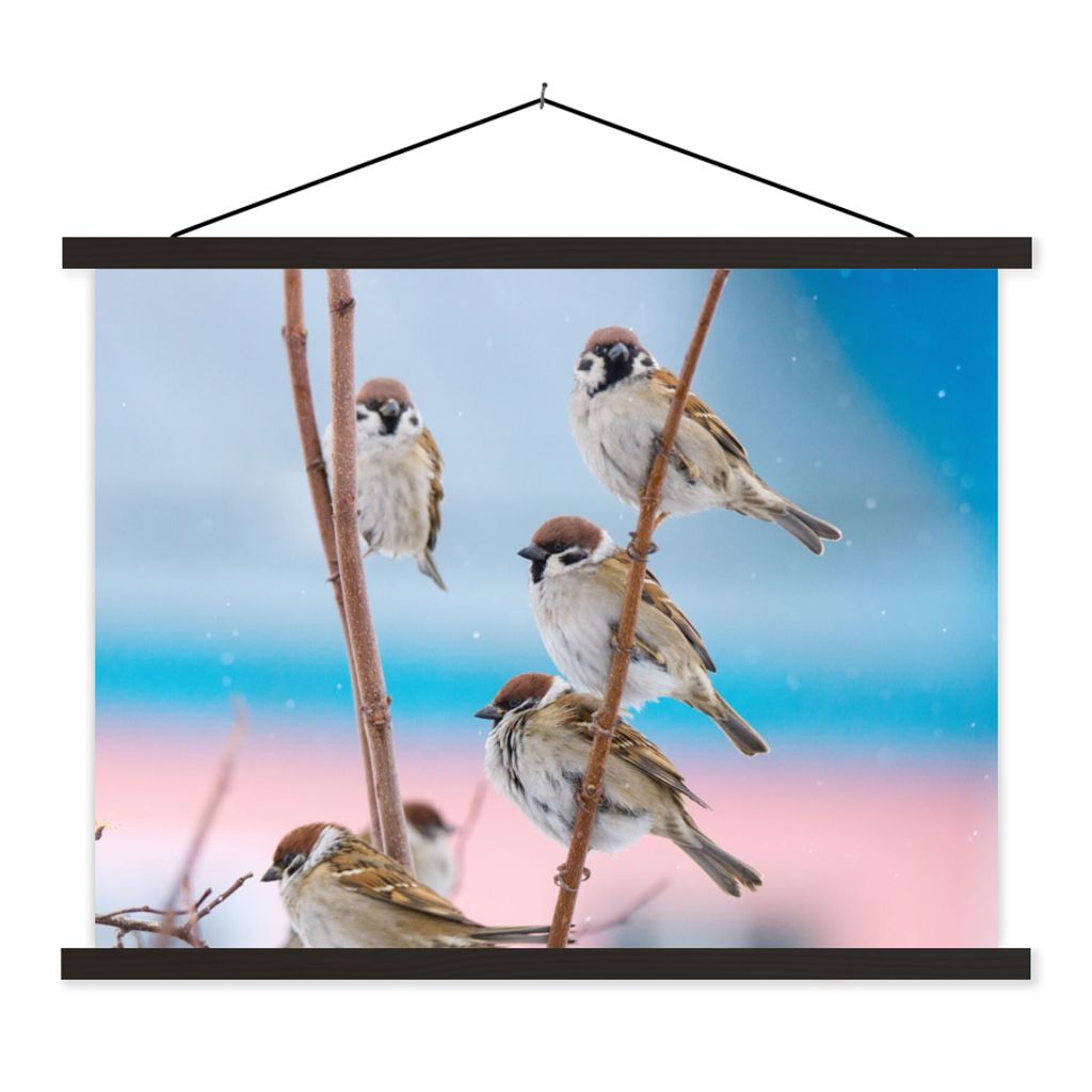 MuchoWow Textilposter Vögel - Spatz - Tiere - Äste 150x113 cm mit schwarzem Rahmen - Wohnzimmer