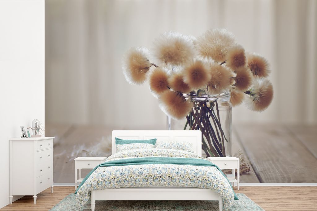 MuchoWow Fototapete für Wohnzimmer oder Schlafzimmer Wandtapete Vinyl Motivtapete Blumenvase - Löwenzahn - Saatgut - 330x220 cm - Fototapeten