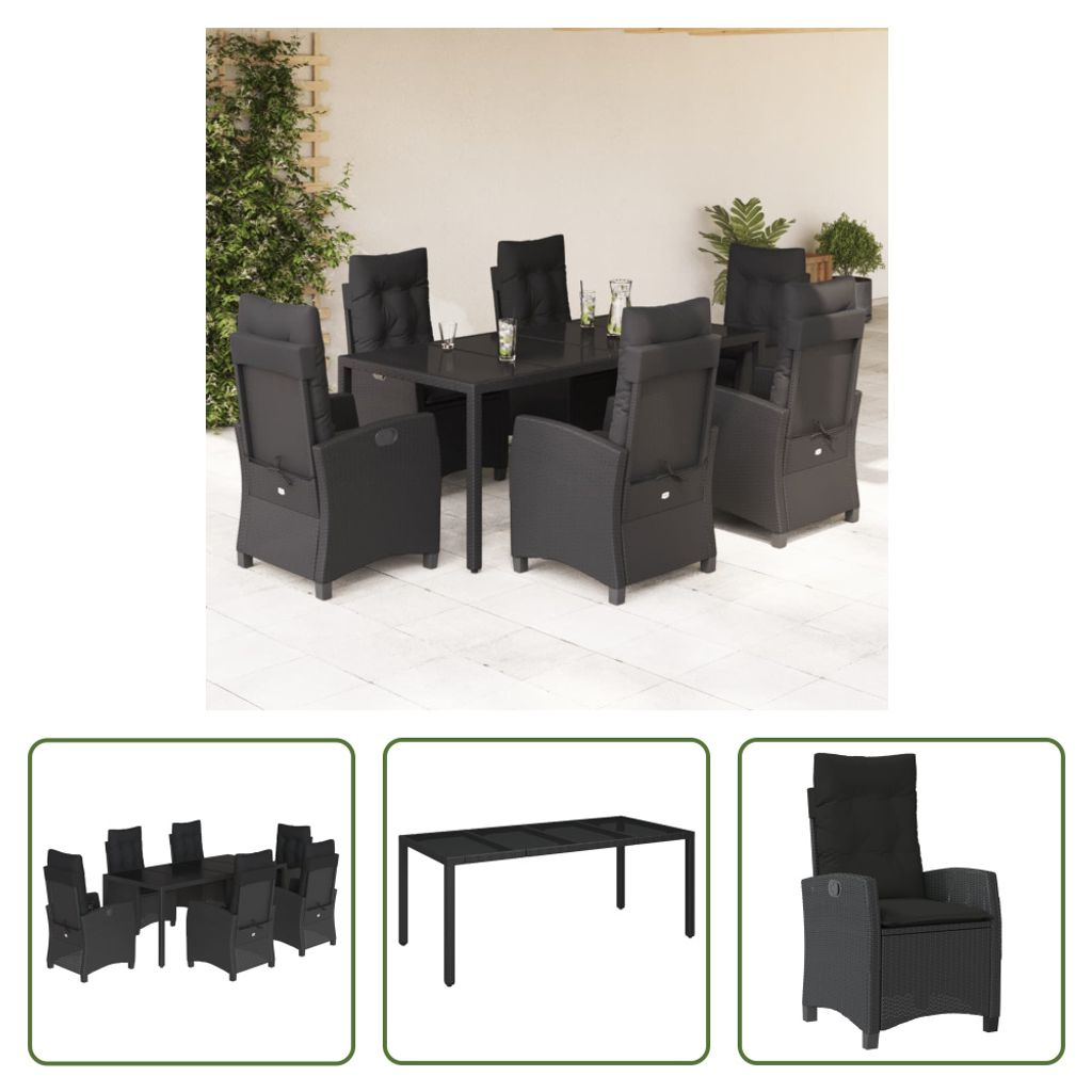 The Living Store 7-tlg. Garten-Essgruppe mit Kissen Schwarz Poly Rattan