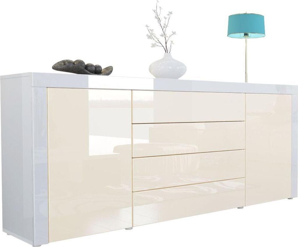 Vladon Sideboard Kommode La Paz, Germany, Korpus in Weiß Hochglanz / Front in Creme Hochglanz mit Rahmen in Weiß Hochglanz