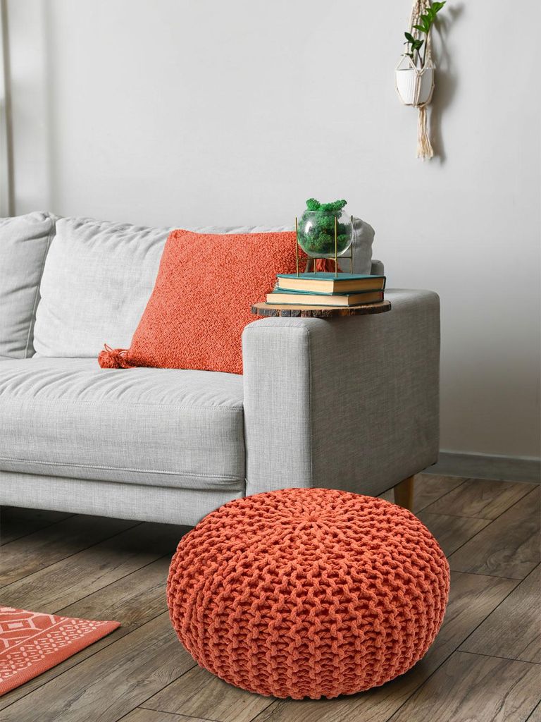 Pouf Strickhocker handgemacht recycelte Baumwolle, nachhaltig Ø 55cm terracotta