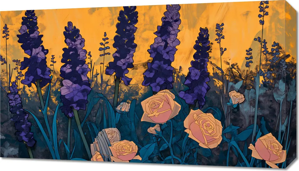 Quadro 70x40 cm Giardino Dorato: Tela Moderna per Soggiorno Elegante