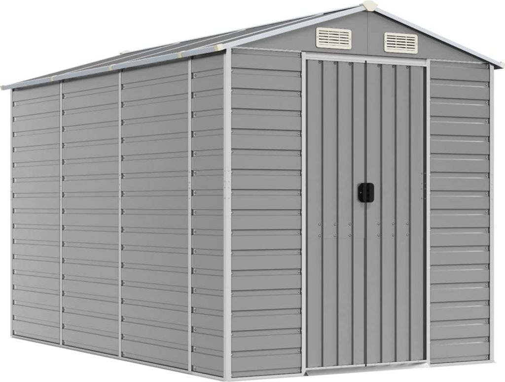 A grey metal garden shed with double doors and vents on the front.