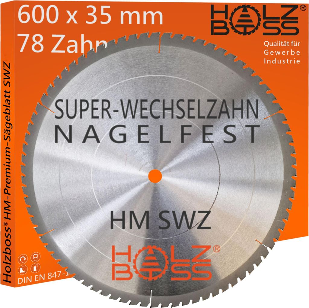 Holzboss HM-Sägeblatt 600 x 35 mm - nagelfest SWZ 78 x Zahn - Super-Wechselzahn WZ Kreissägeblatt Profisägeblatt 600x35 Baukreissägeblatt HW...