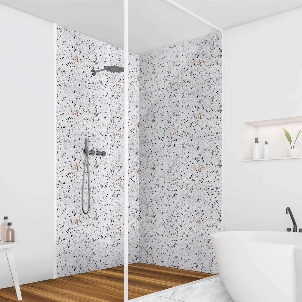 Duschrückwand Muster selbstklebend - 0.35 mm Wandpaneel wasserfest Terrazzo weiss Abstrakt Badrückwand fugenlos Smart matt 100x190 cm