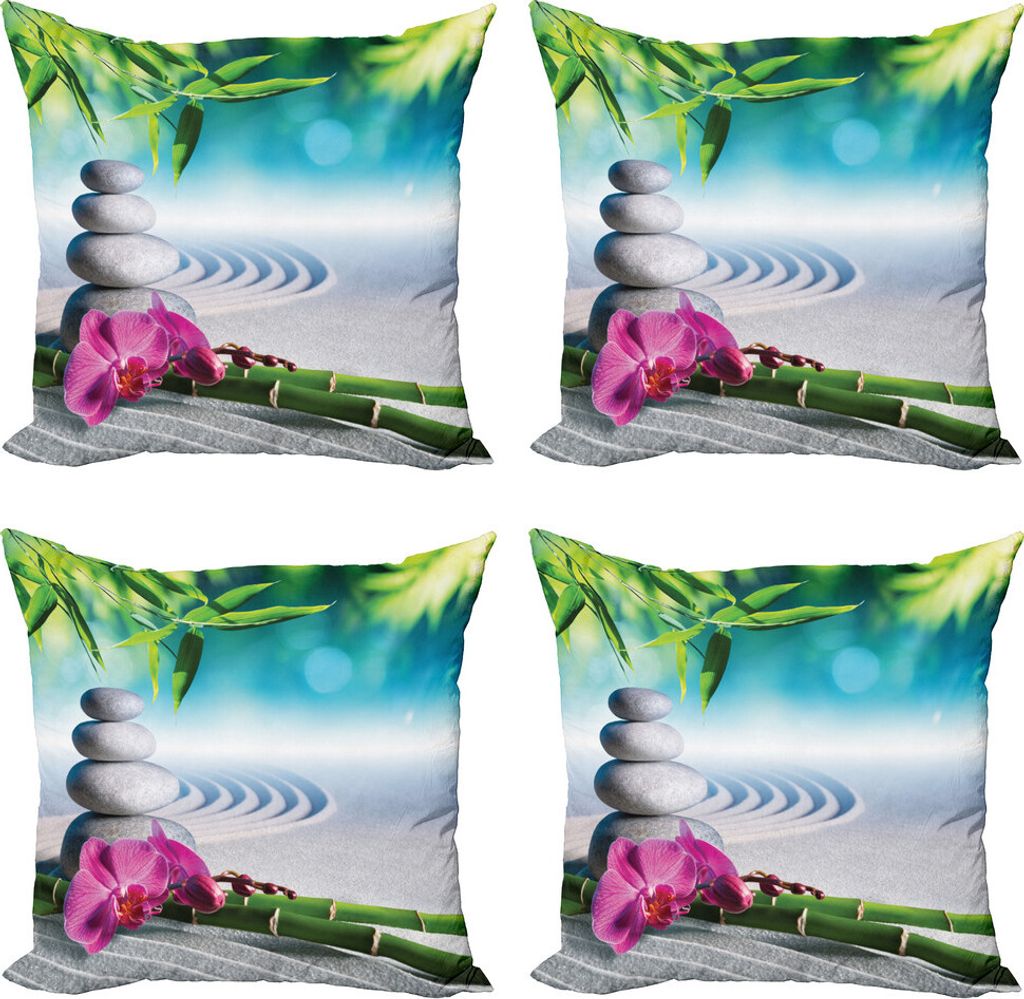 ABAKUHAUS Spa Kissenbezug Set (4 Stück), Spa Sand Orchid Blume, Moderner Doppelseitiger Digitaldruck, 60 cm x 60 cm, Blauer Farn-Grün Fuchsia