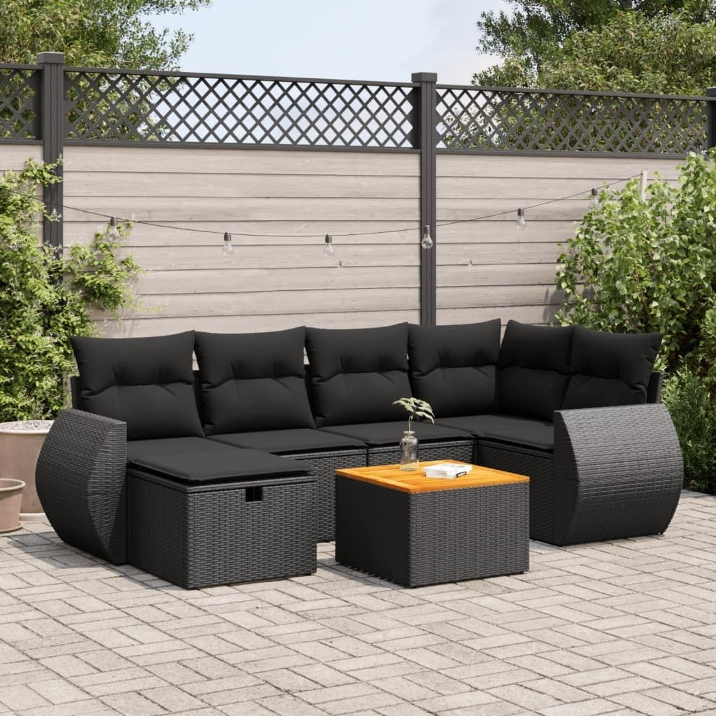Möbel 7-tlg. Garten-Sofagarnitur mit Kissen Schwarz Poly Rattan - Gartenmöbelgarnituren 3325842