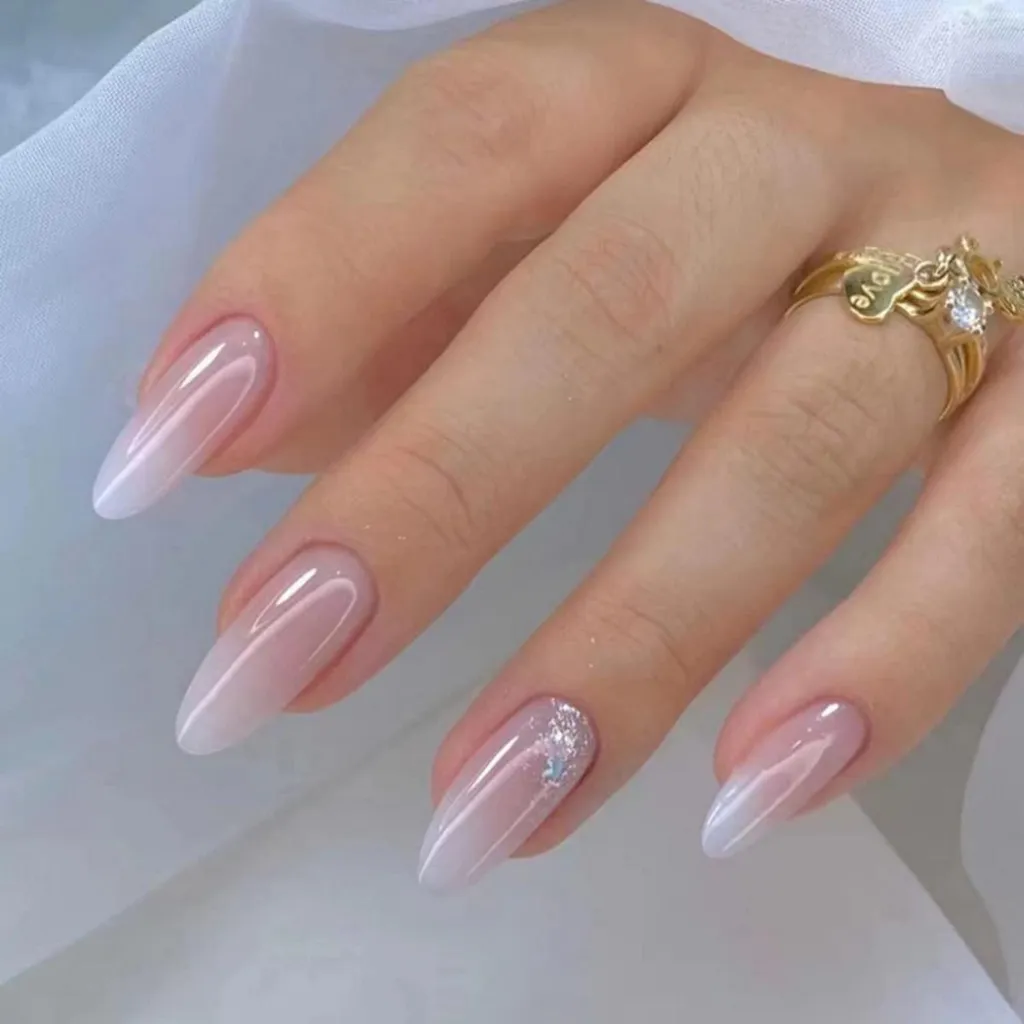 Faux Ongles pour Soirée Amande Ovale Court Rose Pailleté à Coller