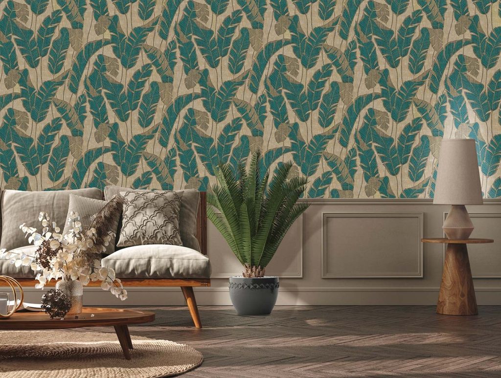 Bananenblatt-Tapete Gold Petrol - Vliestapete Dschungeloptik mit Glanzstruktur AS-Creation (KG-174730)