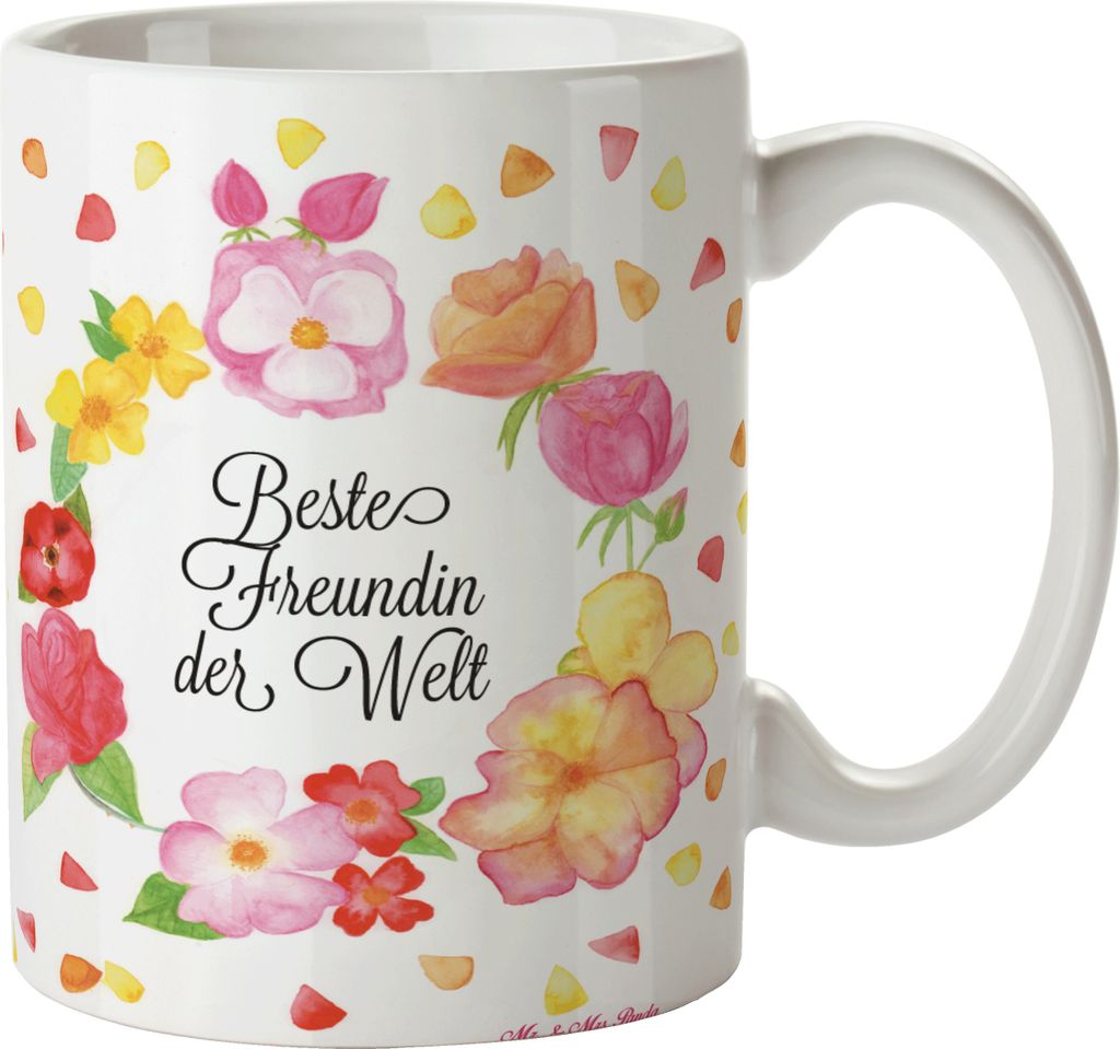 Mr. & Mrs. Panda Kaffeetasse Freundin - Geschenk, beste, Trinkbecher, Jahrestag, bff, bae, Teetasse, Freundinnen, Bedruckte Tasse, Blumen Liebe Flo...