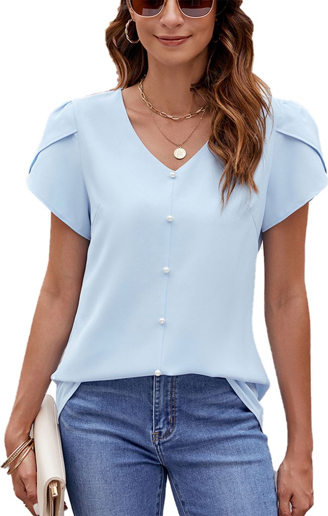 ASKSA Damen T-Shirt V-Ausschnitt Sommer Basic Elegant Einfarbig Laessig Arbeits Kurzarm Tunika Oberteile (Blau,M)