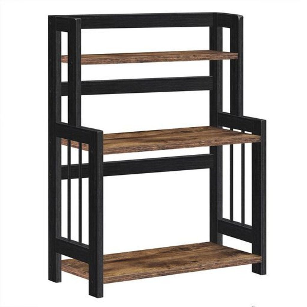 A three-tiered shelf unit with a vintage brown wood grain finish and black metal frame, shown against a white background.