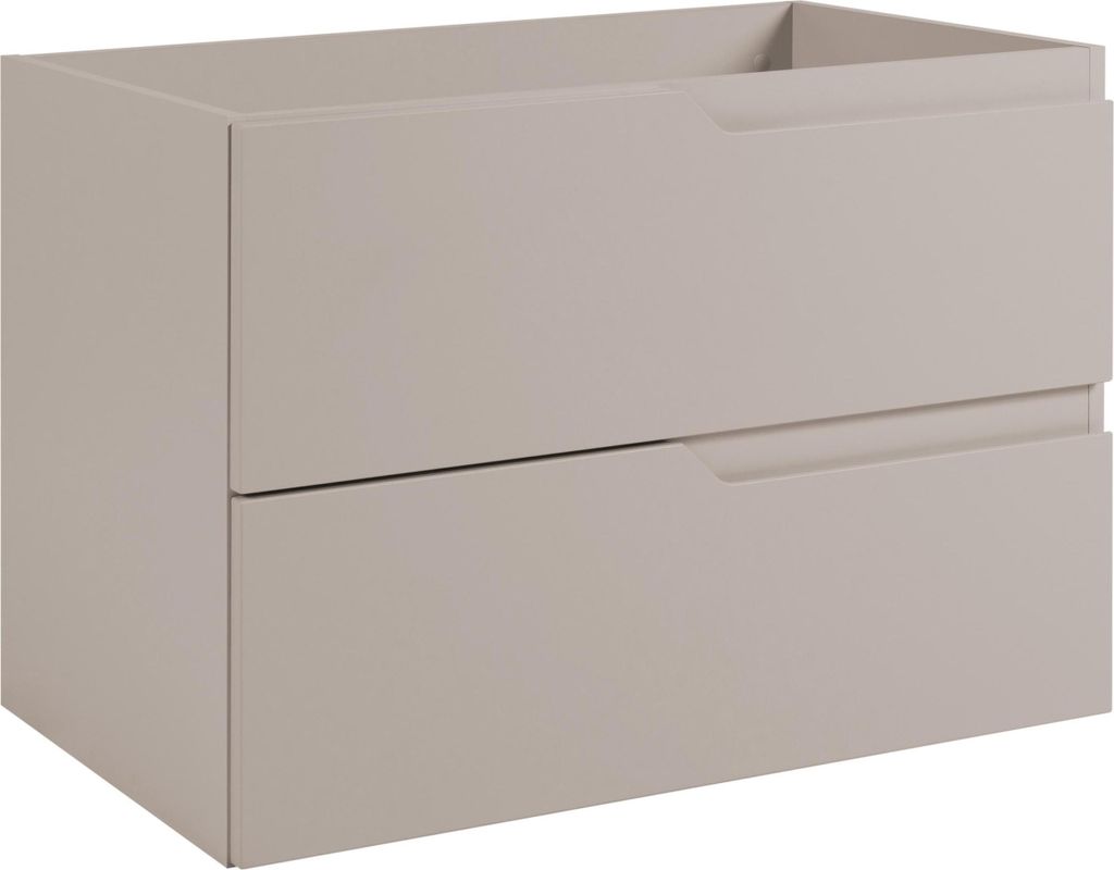 A beige matte vanity unit with two drawers, shown from a 3/4 front view.